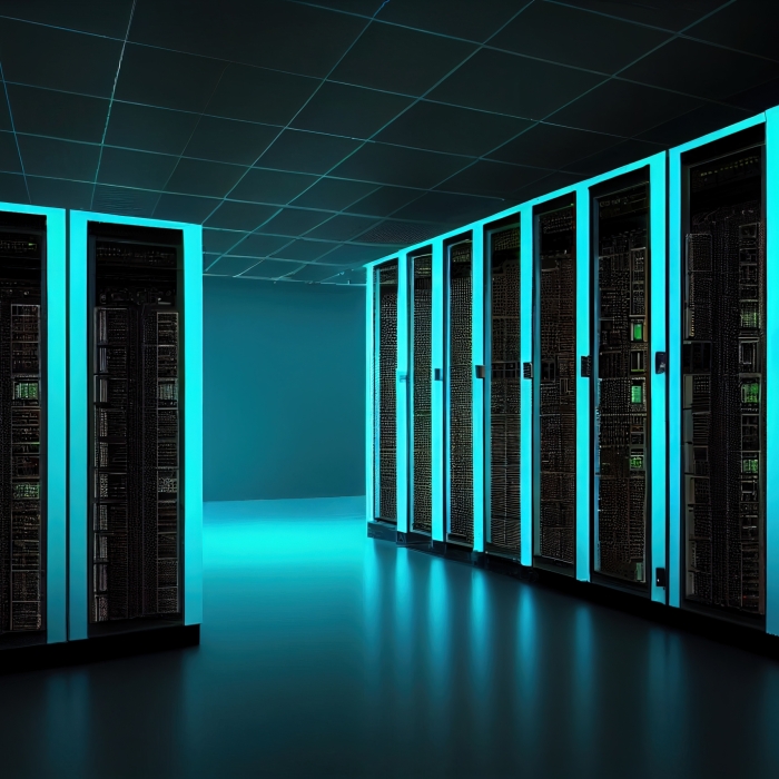 Server racks in computer network security server room data center. dark blue. Generative AI